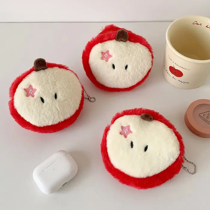 Porte-monnaie en peluche pomme mignon, Mini pochette Kawaii pour filles, porte-clés, portefeuille pour étudiant, organisateur de câbles d'écouteurs, poche douce et floue, cadeau