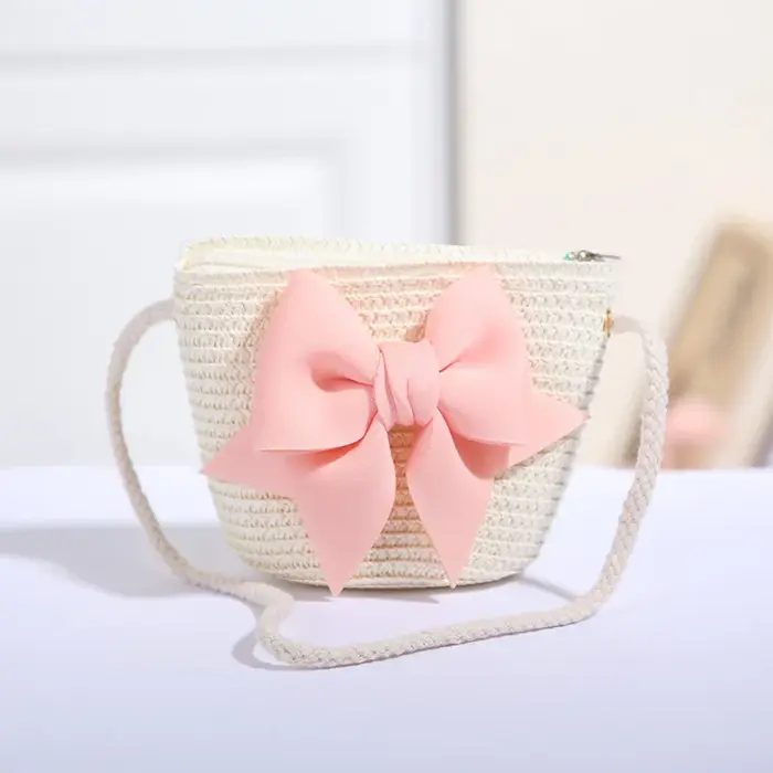 Sac à bandoulière rose avec nœud papillon pour fille, sacoche en paille tissée à fermeture éclair, s