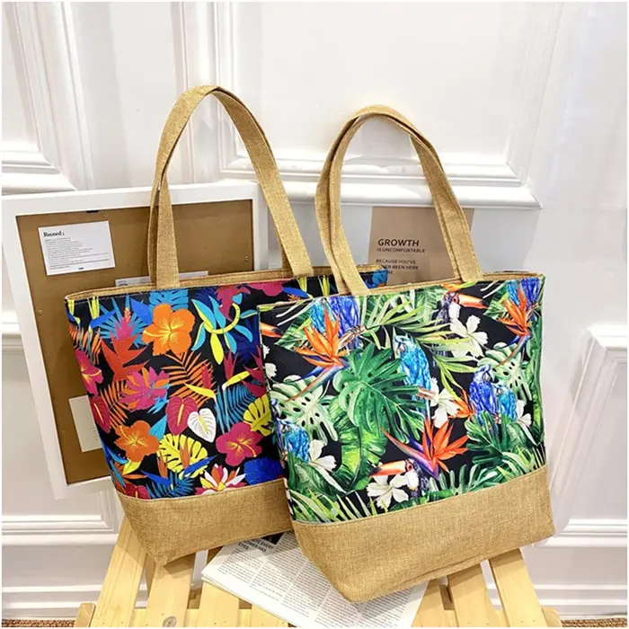 2025 femmes feuilles imprimé sac à main grande capacité mode toile fourre-tout dames Portable plage voyage fermeture éclair sac à bandoulière
