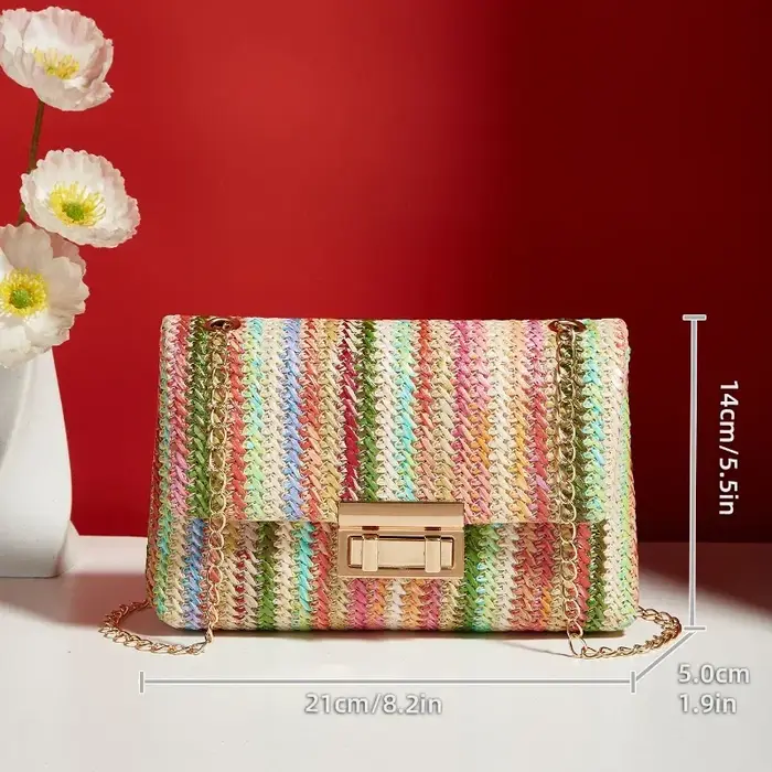 Sac à main en paille rayé multicolore pour femmes