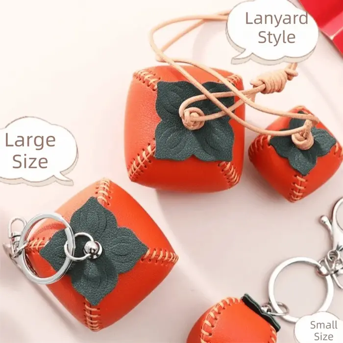Breloques de sac en cuir véritable mignonnes, porte-clés en forme de kaki, accessoires porte-clés en forme de fruit pour sacs à main et sacs à dos
