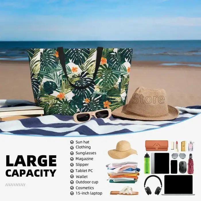 Sac de plage à feuilles et fleurs vertes tropicales pour femmes
