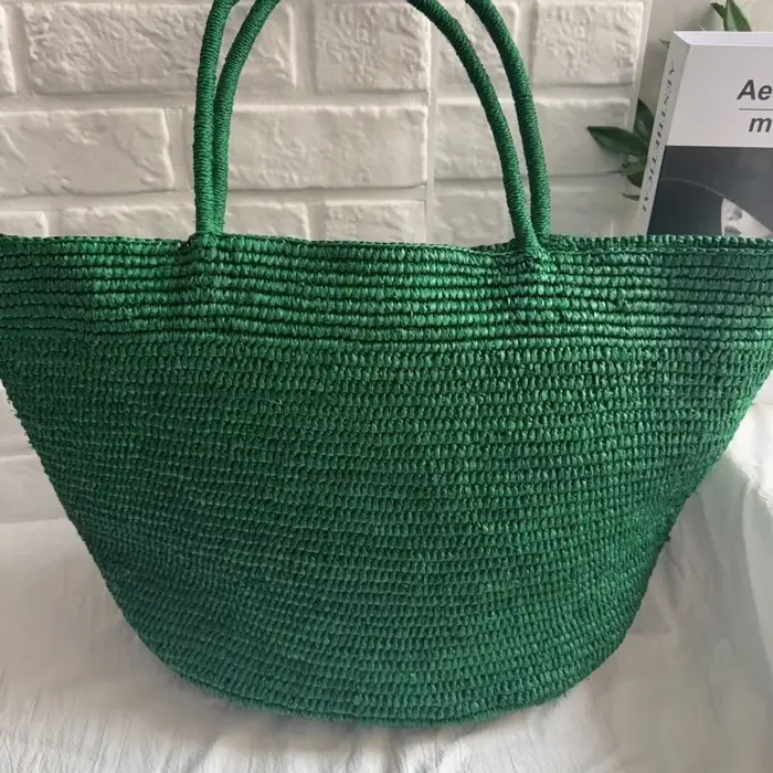 Sac fourre-tout en rotin vert mignon – Sac à bandoulière de plage en paille naturelle tressé à la ma
