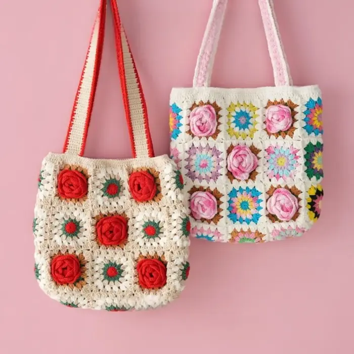 Sac en crochet fait main, tissage de 10 roses en fil de chiffon, sac à bandoulière, sac en tricot rouge, sac en fil rose, cadeau de vacances