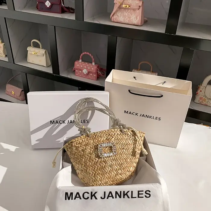 Sac à Main en Paille Tissée à la Main avec Strass Brillants pour Femme, Pochette de Plage et de Vaca