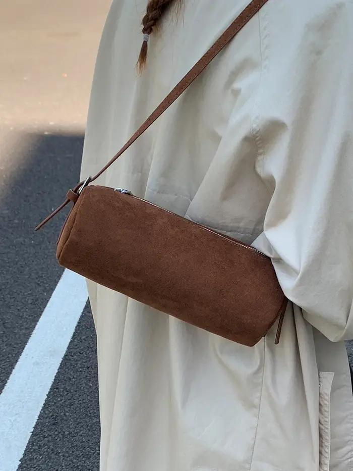 Sac cylindrique givré en daim de couleur unie pour femmes, sacs à bandoulière de grande capacité, tendance pour les déplacements et les Shopping