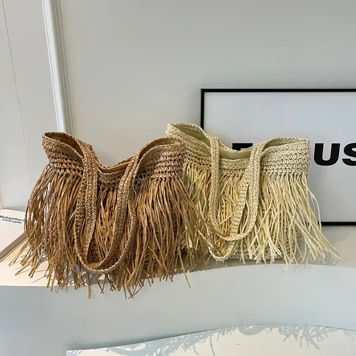 Sac fourre-tout en paille solide tissé pour femme