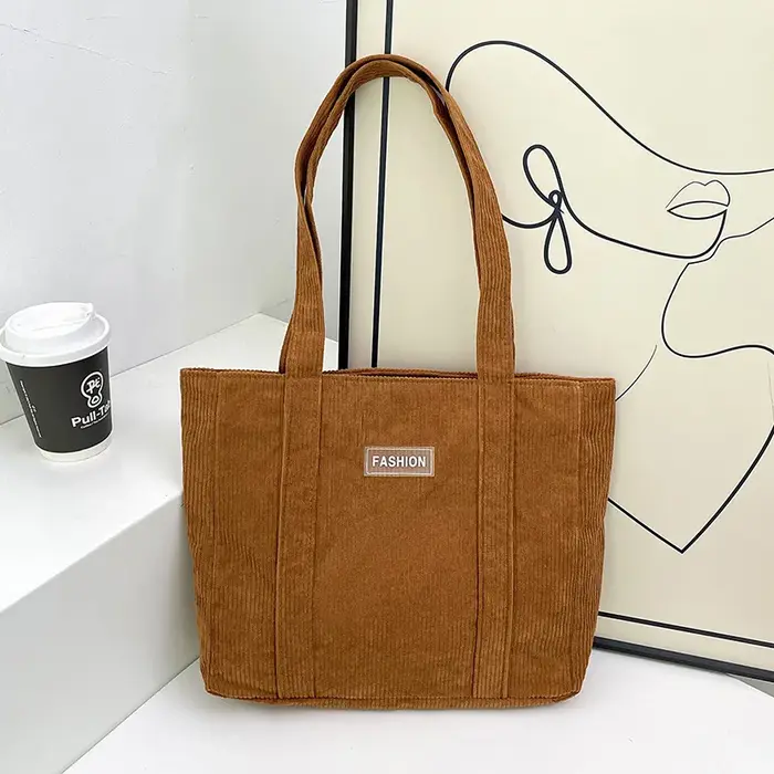 Sac à bandoulière en velours côtelé de grande capacité pour femmes, sac sous les bras de couleur uni