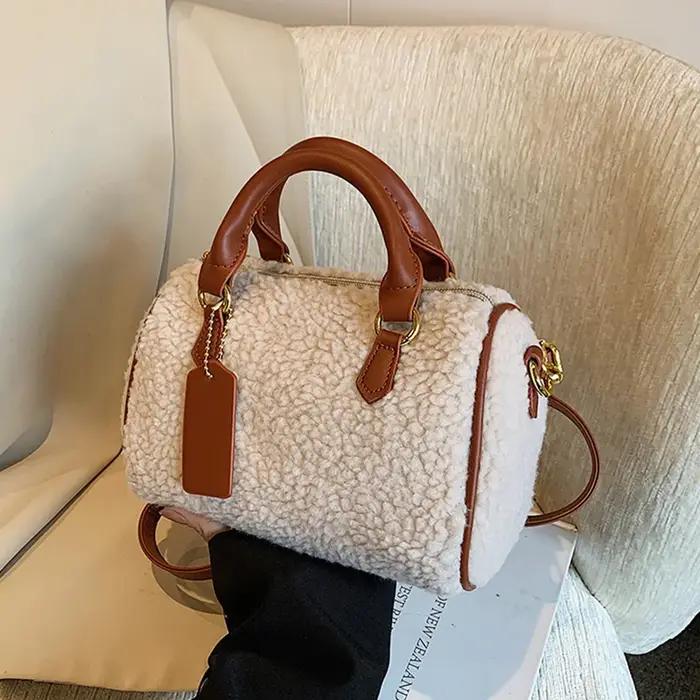 Sac à Main en Fausse Fourrure Beige pour Femme