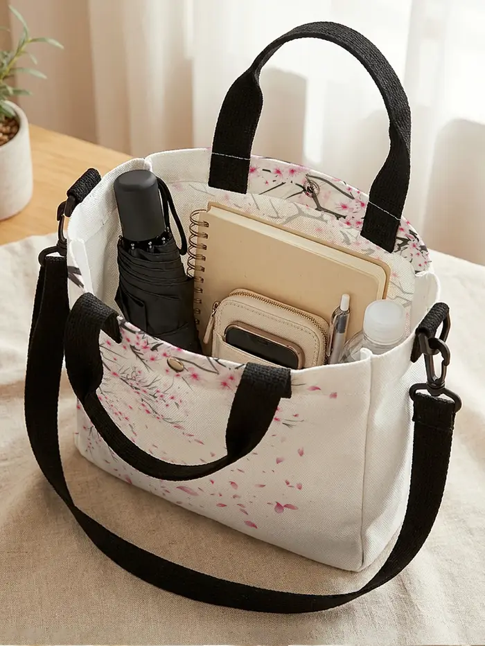 Sac fourre-tout en toile rose aquarelle à motif de fleurs de cerisier