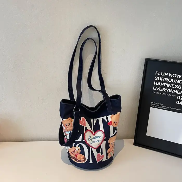 Sac seau en toile imprimé ours mignon, sac à bandoulière simple pour femme, grande capacité, sac à m