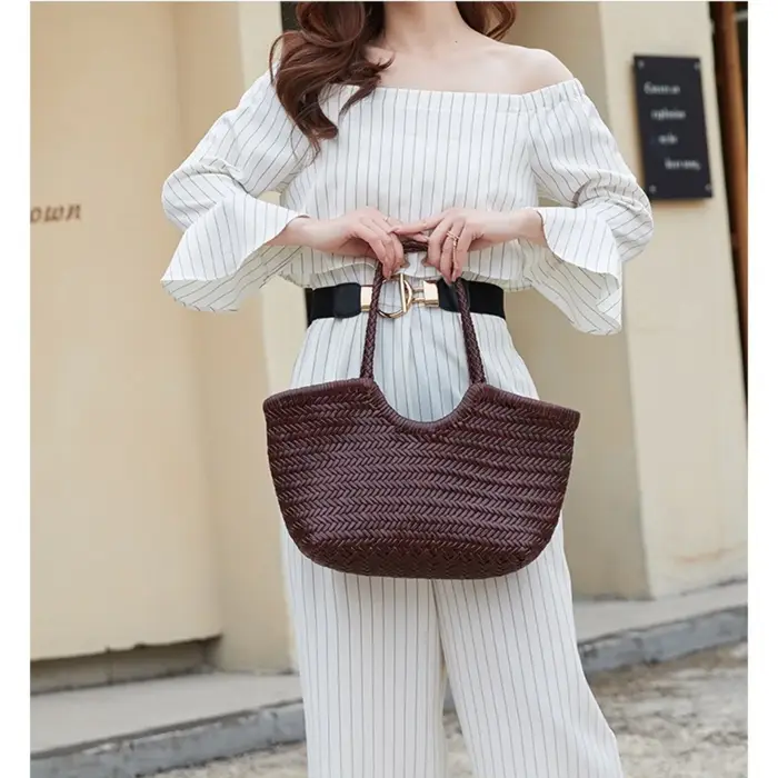 Sac fourre-tout en cuir véritable tressé à la main pour femme