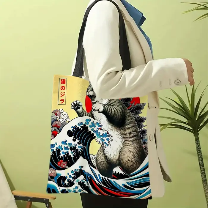 Catzilla sac fourre-tout d'art japonais sac de plage de Shopping à bandoulière réutilisable pour les femmes