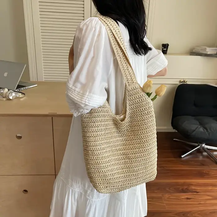 Nouveau Sac à Bandoulière Grande Capacité en Paille Tressée Style Vacances Printemps-Été 2026