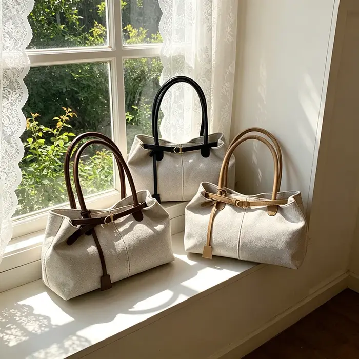 Sac fourre-tout élégant en mélange de lin avec poignées en cuir et détail boucle, sac à main chic à porter à l'épaule ou sous le bras pour le travail, les voyages et le quotidien
