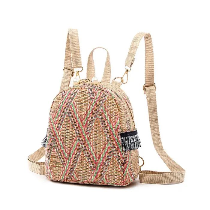Mini sac à dos en paille tressée respirant pour femme