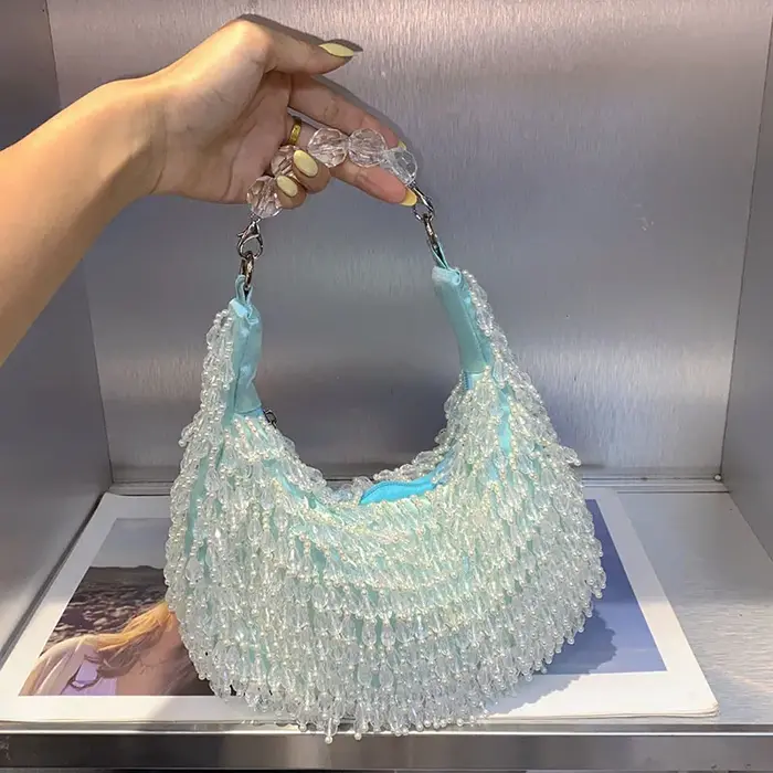 Été frais doux bleu clair à la main perlé frange Design élégant dame dîner sac Chic robe de soirée sac