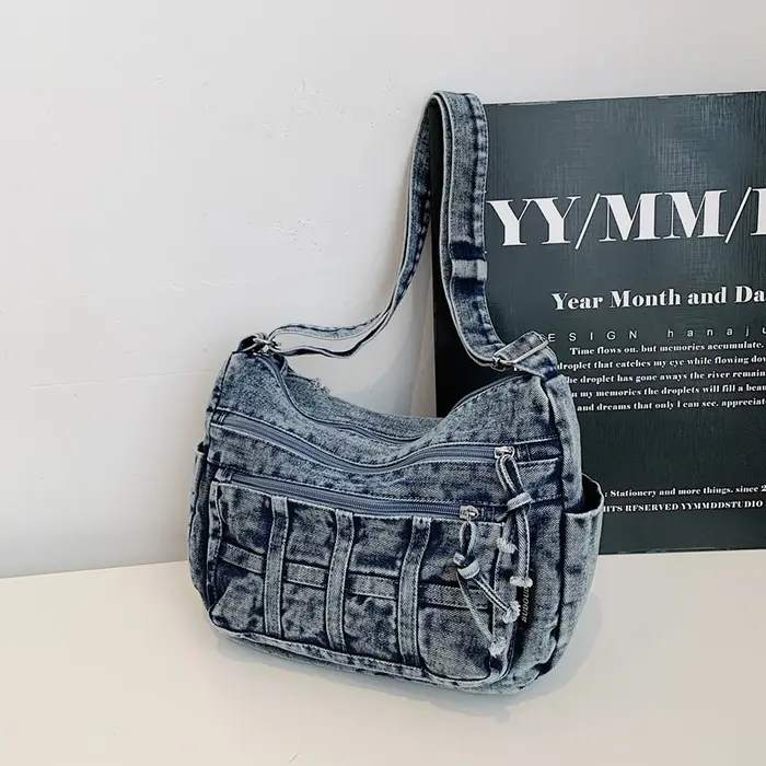 Sac à bandoulière en Denim solide avec fermeture éclair, fil à coudre, grande capacité, haute qualité, polyvalent, simplicité, sacs à bandoulière simples pour femmes, 2026