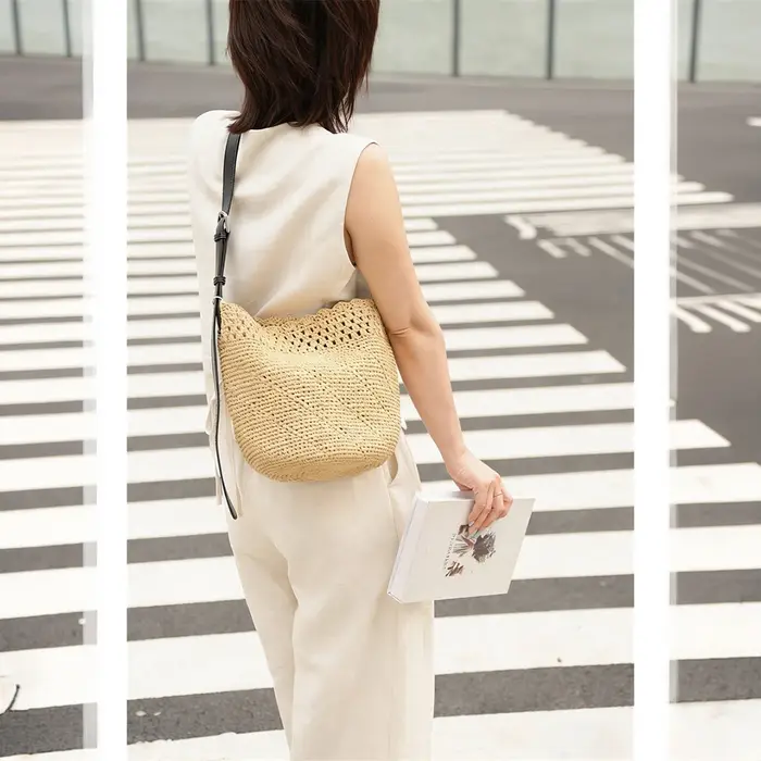 Sac Femme Raphia Paille Tissé Cuir Véritable Sangle Vache Bohème Vintage Plage Vacances Faite Main Crochet Ajouré Bord Ondulé Souple Grande Capacité Décontracté Usage Quotidien Haute Qualité Mode Styl