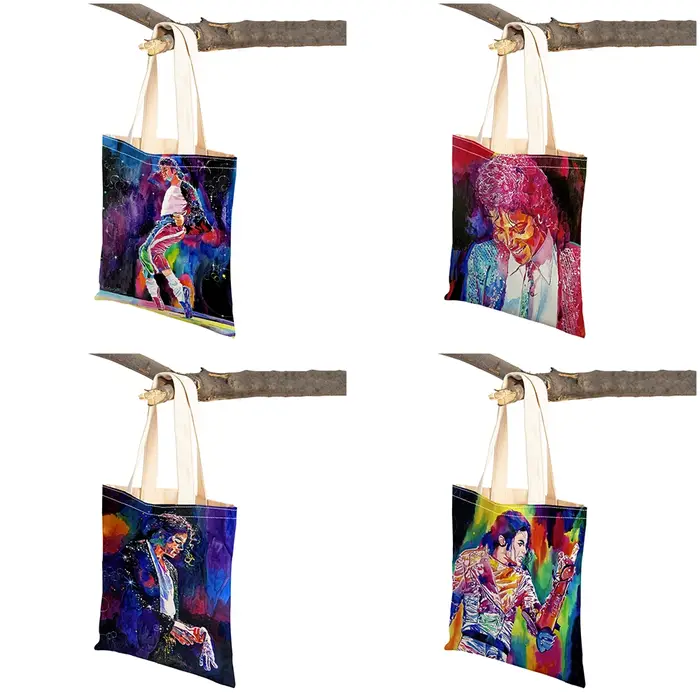 Smile Star-Sac à main en toile réutilisable pour femme, fourre-tout pour femme, sac à provisions décontracté, impression des deux côtés, Michael Jackson, grill, mode