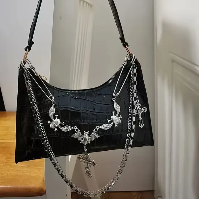 Sac à main gothique Y2K avec chaîne tête de mort et croix - Petit sac à bandoulière en similicuir st