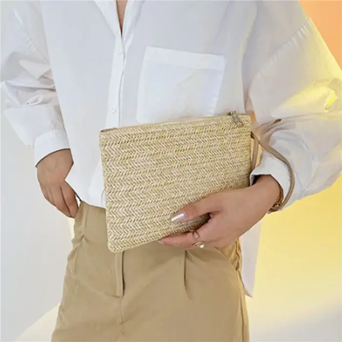 Pochette pour femmes sac à dos fait à la main mode dames bracelet fille téléphone solide paille tissé porte-monnaie plage portefeuille frais doux