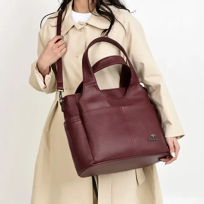 Sac fourre-tout en cuir souple, 3 compartiments principaux, double poche avant, grande capacité, sac