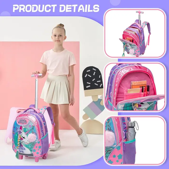 Sac à dos à roulettes licorne pour filles et enfants
