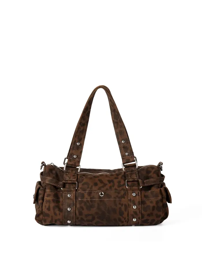 XMESSUN Nouveau Sac Fourre-tout Vintage Léopard à Rivets pour Moto, Sac Boston Tendance pour Trajet Quotidien, Sac à Bandoulière Décontracté pour Femme