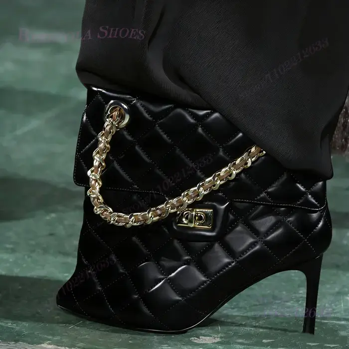 Sac à main rouge chaîne bottes bout pointu femmes marron cuir Plaid métal boucle talons cheville mol
