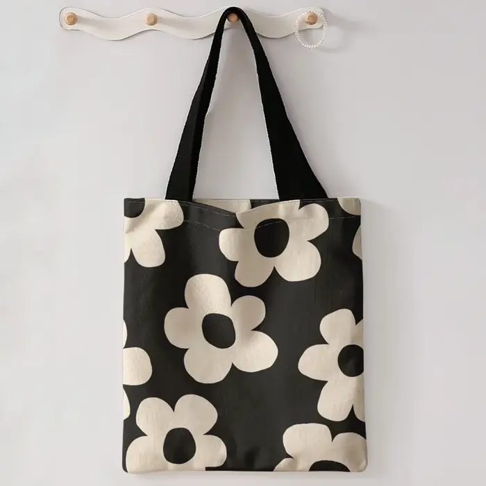Sac fourre-tout à imprimé floral simple beige sur fond noir