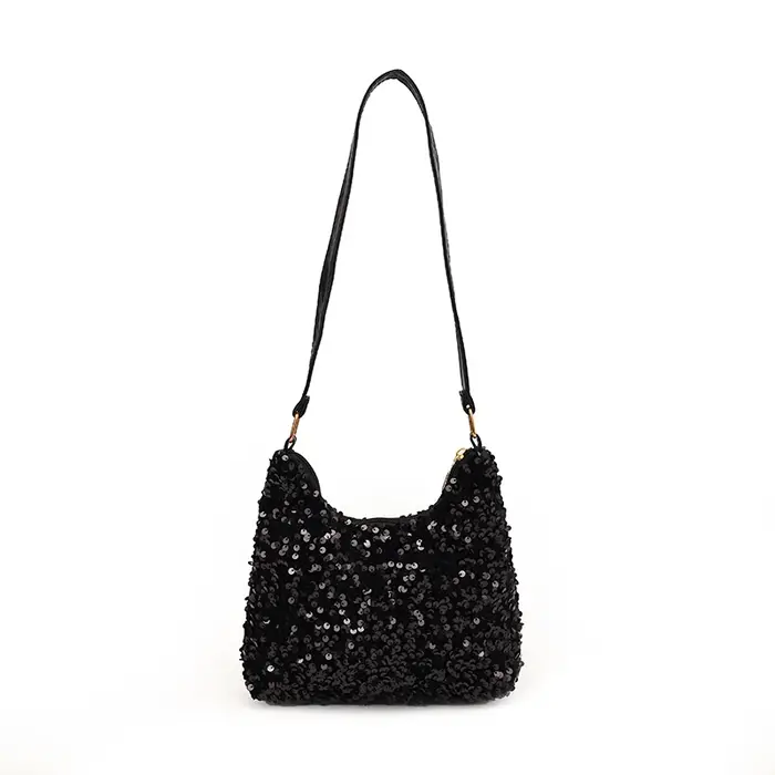 Sac Hobo décoré de paillettes pour femmes, noir/argent, pour fêtes, sorties quotidiennes, élégant, C