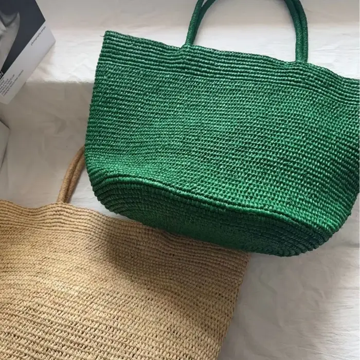 Sac fourre-tout en rotin vert mignon – Sac à bandoulière de plage en paille naturelle tressé à la main