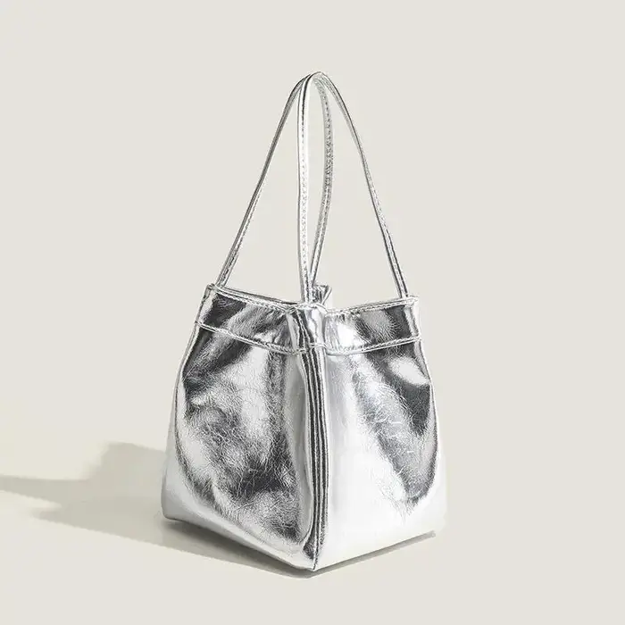 Sac seau argenté pour femmes, sac fourre-tout réutilisable et imperméable pour le déjeuner, mini sac