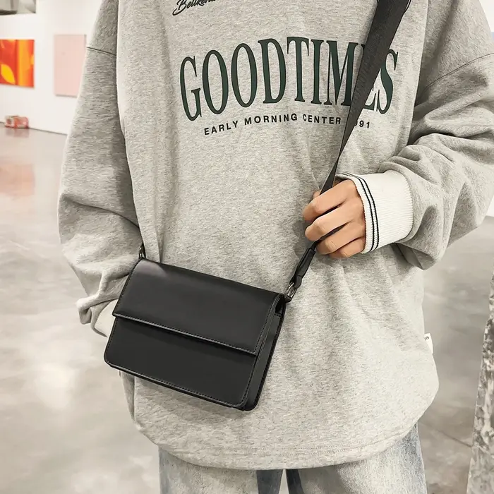 Sac à bandoulière minimaliste noir à rabat pour hommes et femmes