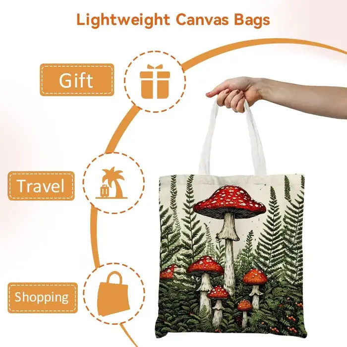 Sacs de rangement à motif champignon, sacs fourre-tout à bandoulière en toile imprimée double face, sacs de shopping tendance, sacs écologiques, sacs cadeaux
