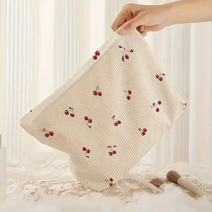 Pochette décontractée en velours côtelé imprimé cerise, sac de maquillage, sac à main multifonctionnel, organisateur de toilette, boîte de rangement de cosmétiques avec doublure