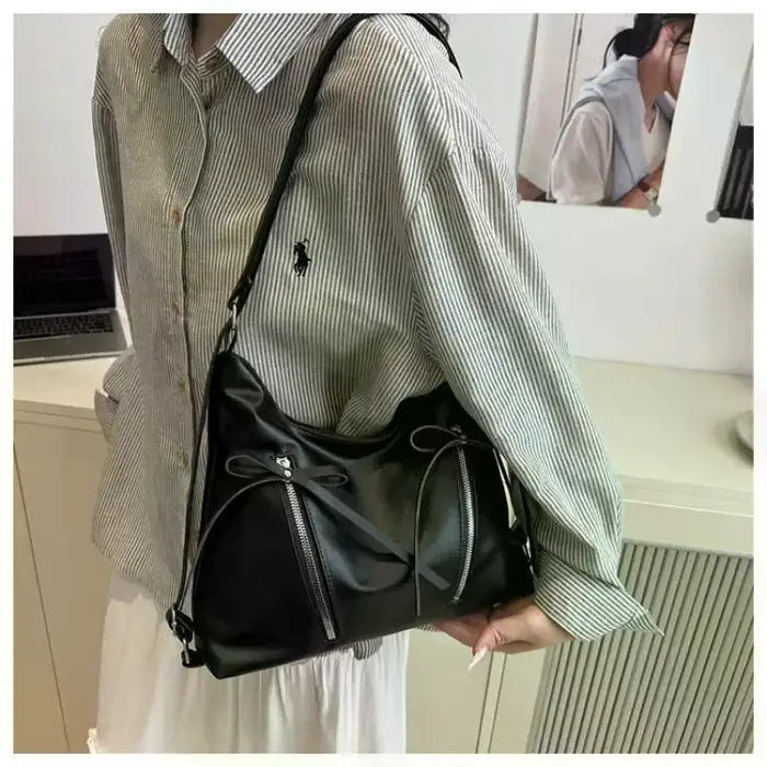 Sac fourre-tout rétro en cuir souple grande capacité avec nœud – Sac à bandoulière décontracté tendance pour femme