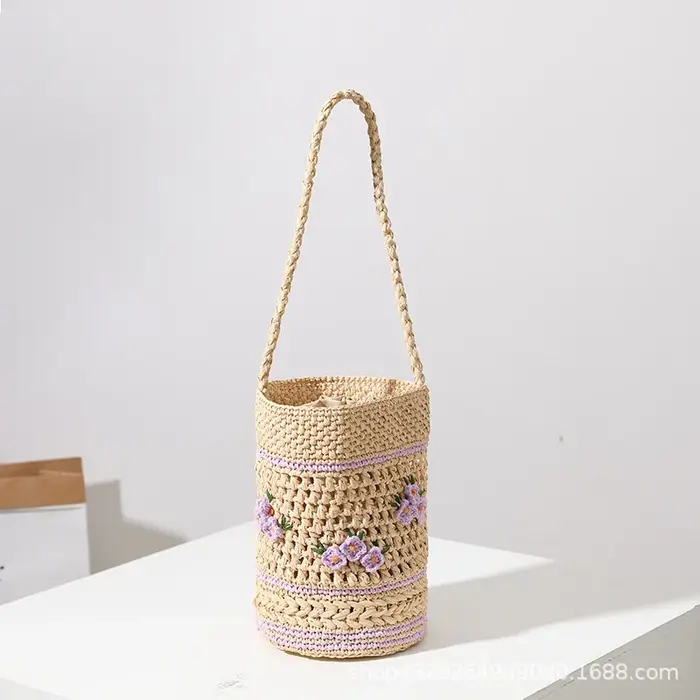 Sac en paille brodé Laffia, nouveau style, fleur lilas, sac seau à main tressé, idéal pour les vacan