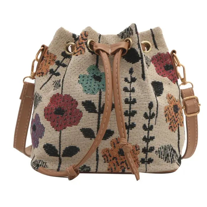 Sac seau en tissu de lin à motif floral