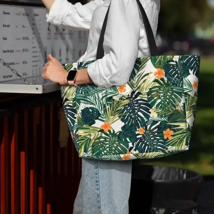 Sac de plage à feuilles et fleurs vertes tropicales pour femmes