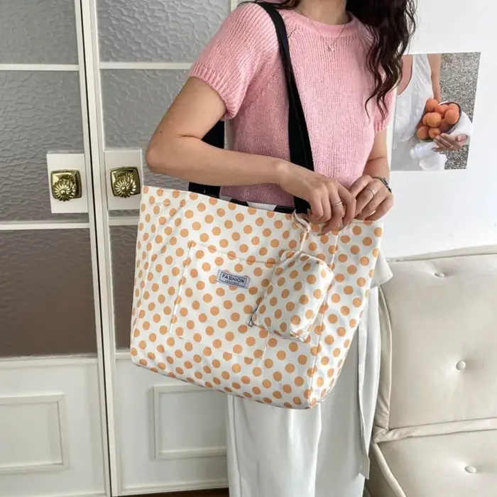 Sac fourre-tout double face en nylon à pois grande capacité avec fermeture éclair et lacets