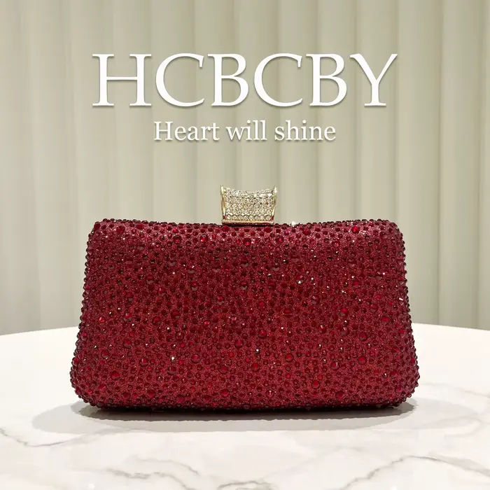 Pochette de soirée élégante bordeaux brillante de luxe ornée de strass, sac de dîner chic pour femme