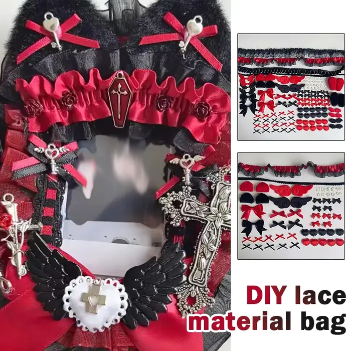 Kit de matériaux DIY pour Itabag en dentelle noire et rouge, porte-badges, pochette pour cartes, accessoires de décoration gothique, présentoir pour articles d'anime