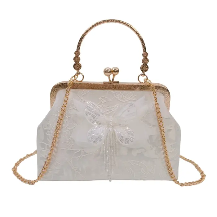 Pochette brodée papillon style chinois, sac à main vintage en dentelle avec fermoir Kiss Lock, sac d