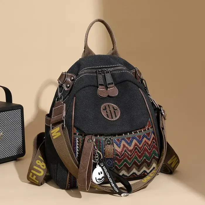 Sac à bandoulière double en denim brodé de style ethnique pour femme
