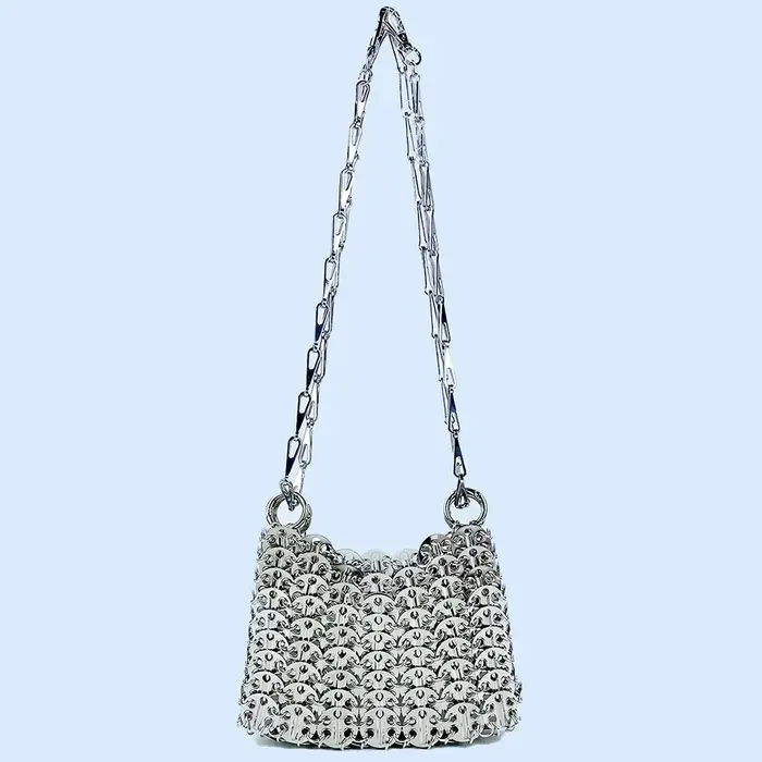 Sac argenté brillant tissé à la main, sac à paillettes perlées, sac pour téléphone portable, longue