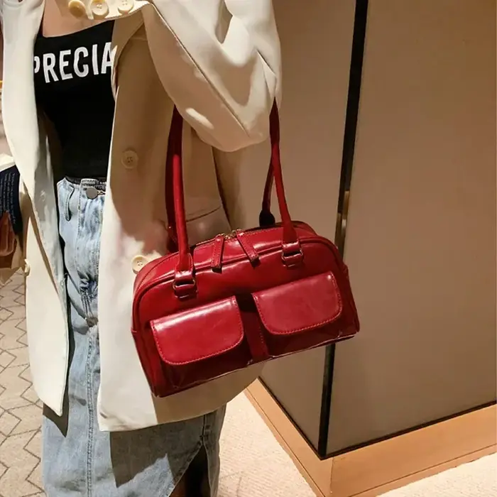Rétro rouge femmes sacoche Hobo sac en cuir verni Multi poche luxe concepteur sac à main femme épaule sous les bras sac