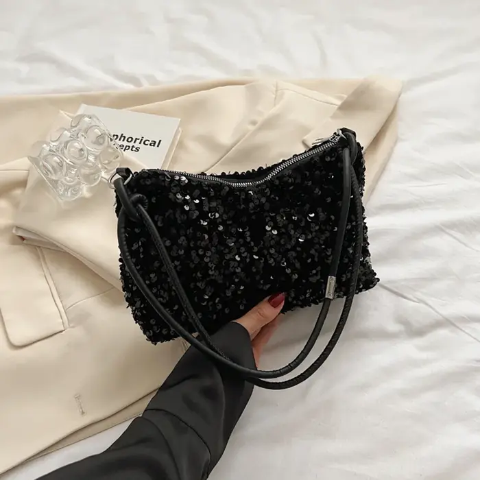 Sac bandoulière chic et décontracté noir pailleté de luxe 2026 pour l'été – Idéal pour toutes les te