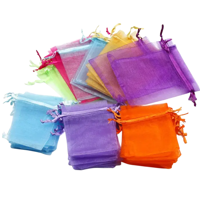 50 pcs/Lot Multicolore Bijoux Emballage Sac 7*9 11*16 15*20cm Organza Sacs Cadeau De Stockage De Mariage Cordon Pochettes En Gros
